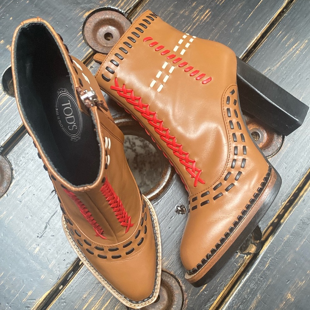 TOD’s Brown Leather Gipsy Cross Stitch Detail Block Heel Ankle Boots Size 37